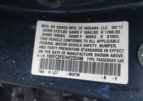 2017 Honda Civic Lx z USA, uszkodzony, nr VIN 19XFC2F57HE232498